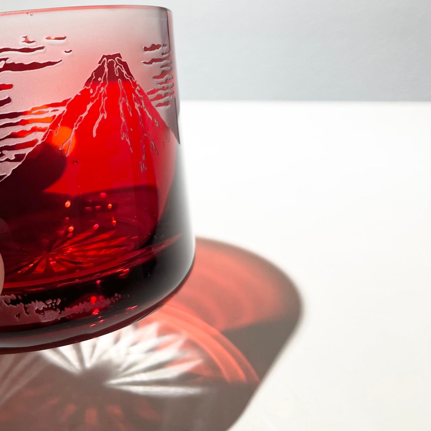 Sake Glass Sandblasted Cut Glass Red Fuji