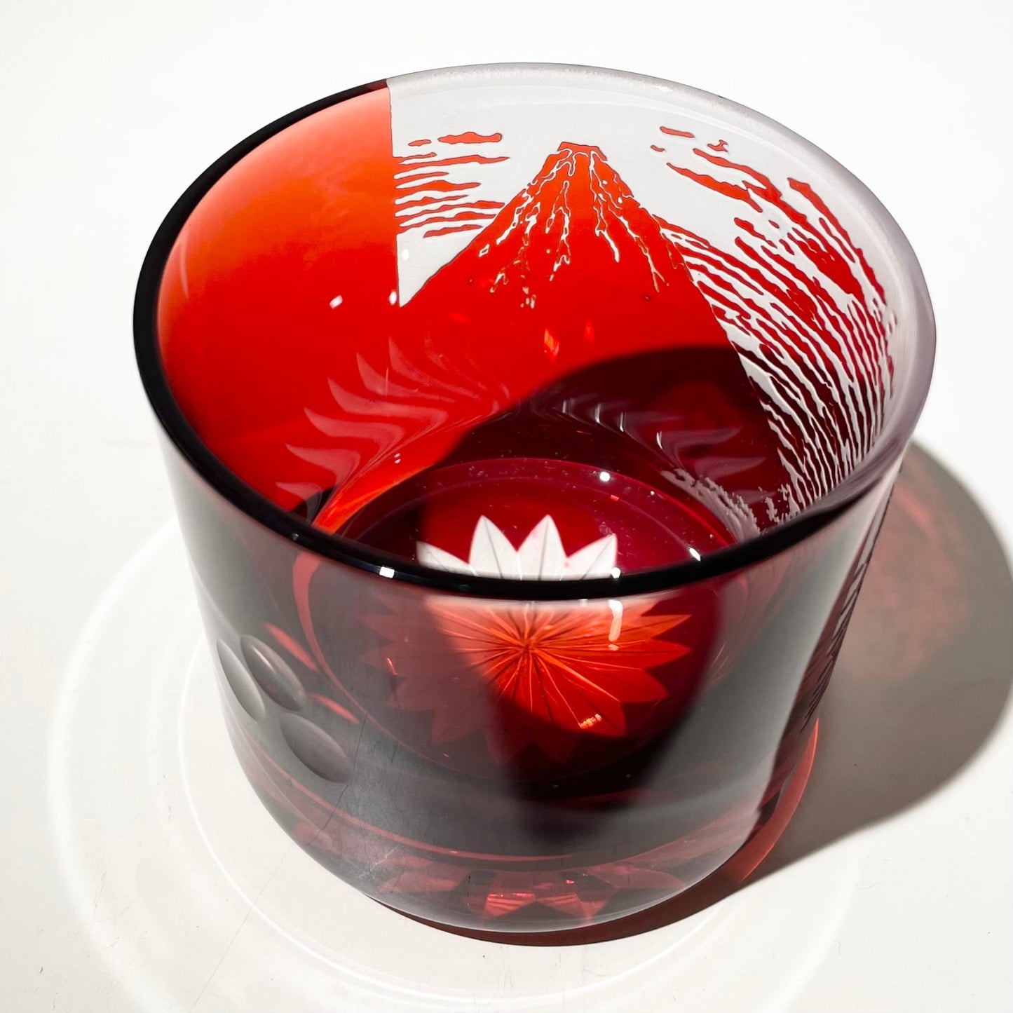 Sake Glass Sandblasted Cut Glass Red Fuji