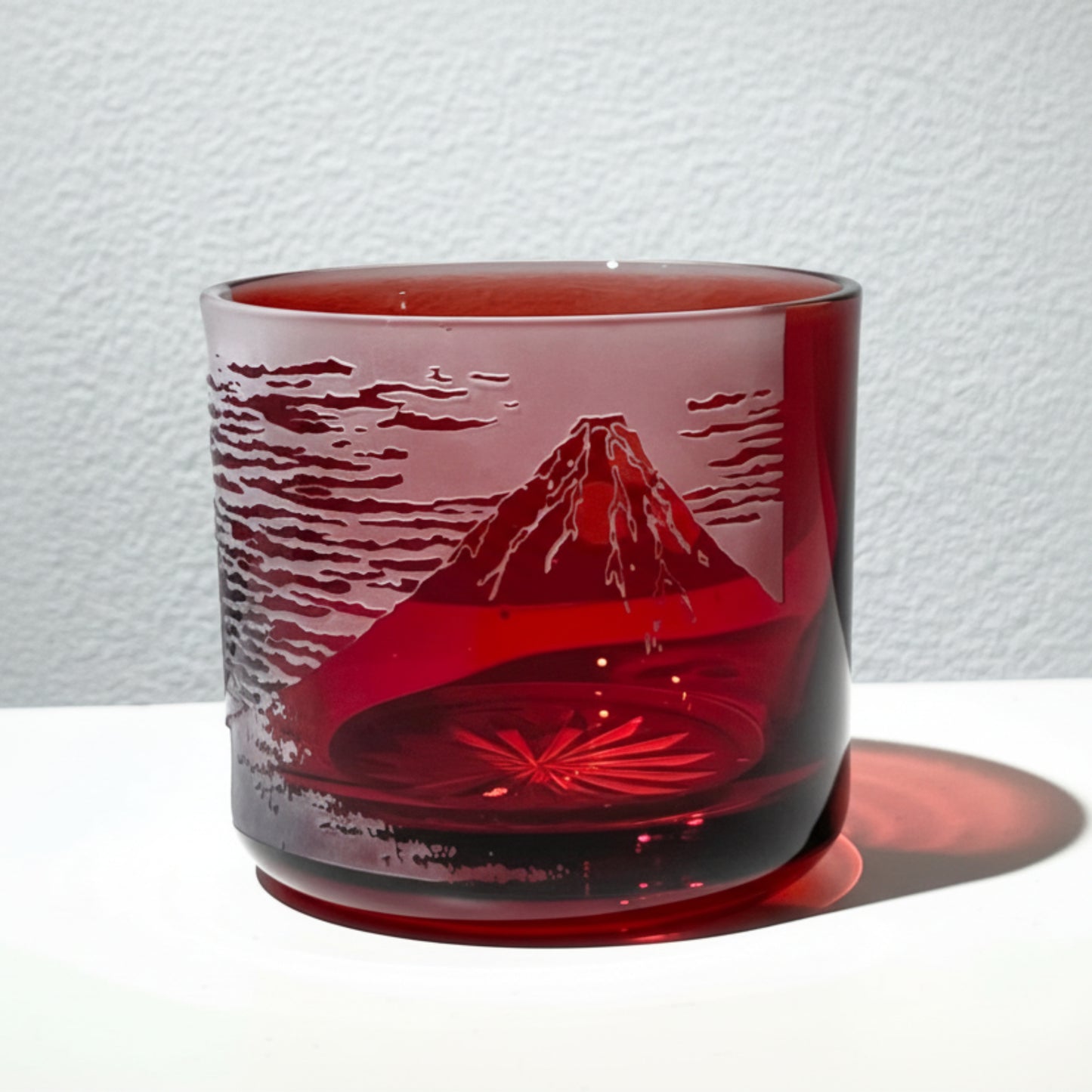 Sake Glass Sandblasted Cut Glass Red Fuji